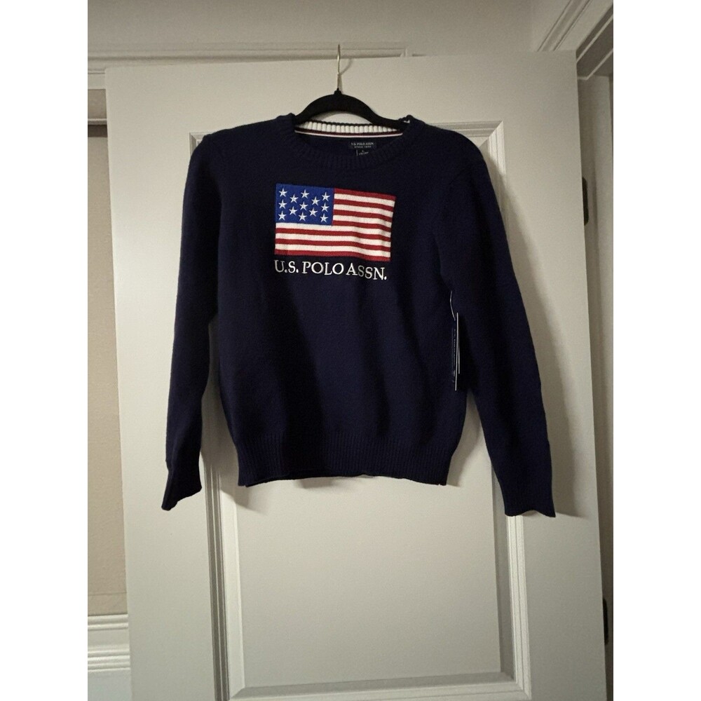 U.S. Polo Assn. Boys Pullover Sweater Navy L (10) USA Flag Graphic Long Sleeve